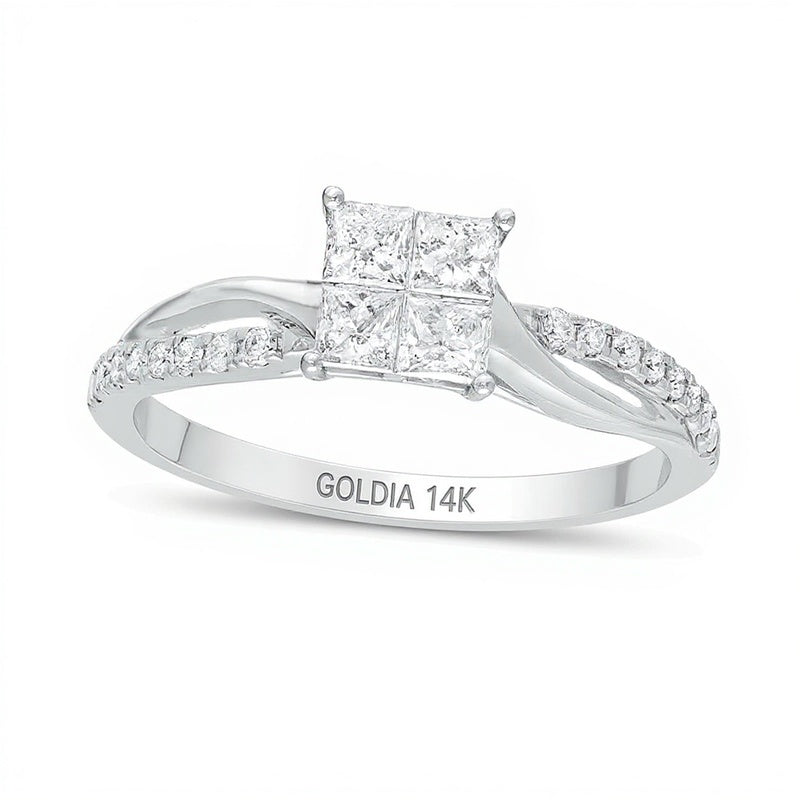 0.5 CT. Gesamtgewicht Verlobungsring mit Diamanten im Princess- und Rundschliff und gedrehter Schiene in 14K Weißgold