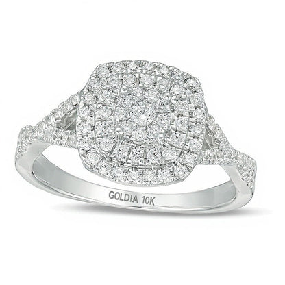 0,5 ct. Gesamtgewicht Diamant Verlobungsring mit dreifachem Halo im Kissenschliff und Crossover-Schiene in 10K Weißgold