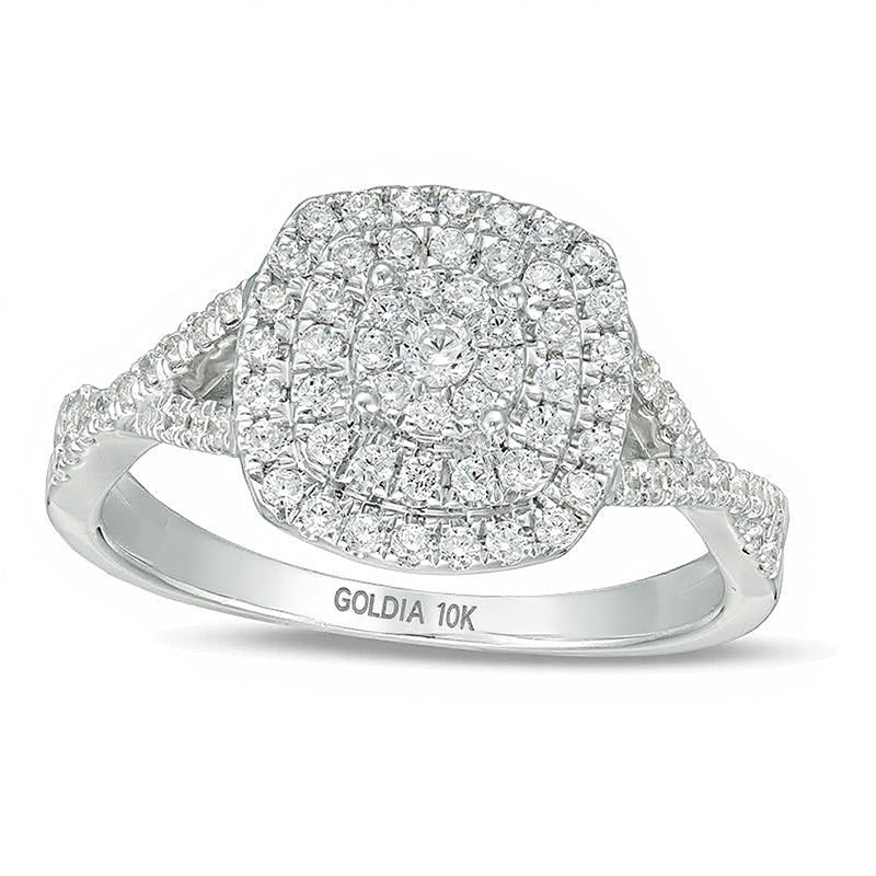 0,5 ct. Gesamtgewicht Diamant Verlobungsring mit dreifachem Halo im Kissenschliff und Crossover-Schiene in 10K Weißgold