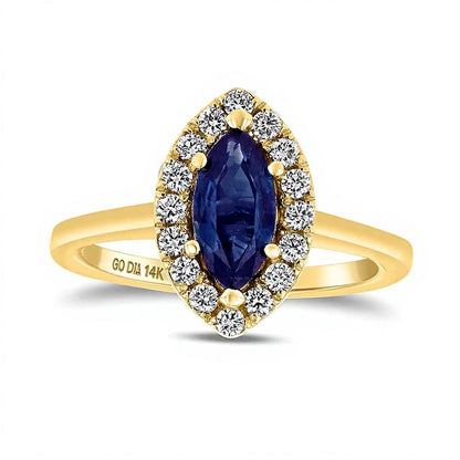 Halo-Ring mit blauem Saphir im Marquise-Schliff und 0,25 ct. Gesamtgewicht Diamanten in 14K Gelbgold