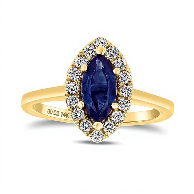 Halo-Ring mit blauem Saphir im Marquise-Schliff und 0,25 ct. Gesamtgewicht Diamanten in 14K Gelbgold