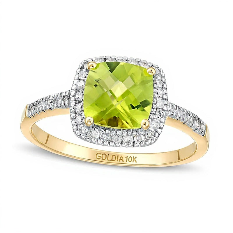 7,0mm Peridot im Kissenschliff und 0,2 ct. Gesamtgewicht Diamant Halo-Ring in 10K Gelbgold