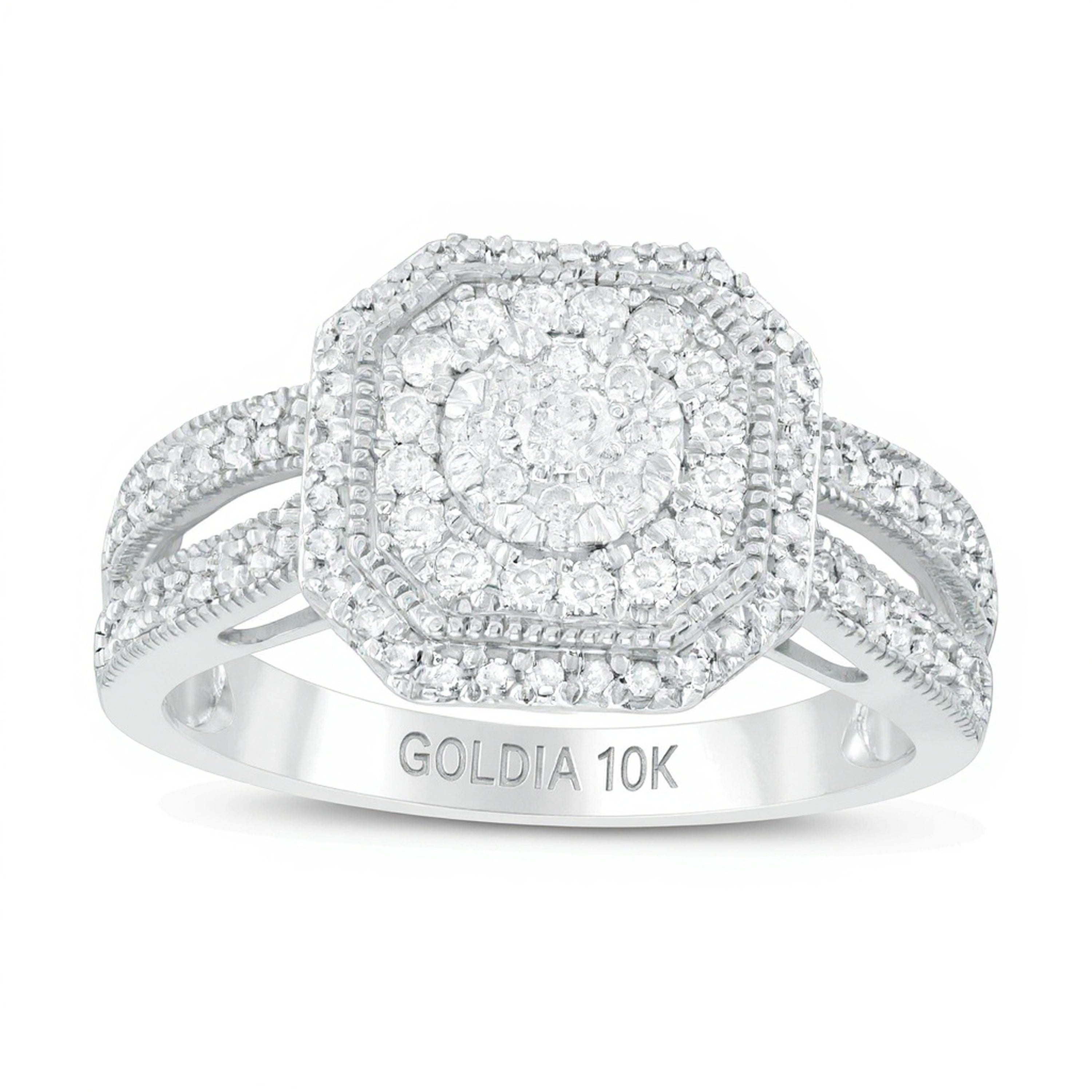 0.5 ct. Gesamtgewicht Komposit-Verlobungsring mit Diamanten, achteckigem Rahmen im Vintage-Stil und geteilter Schiene in 10K Weißgold