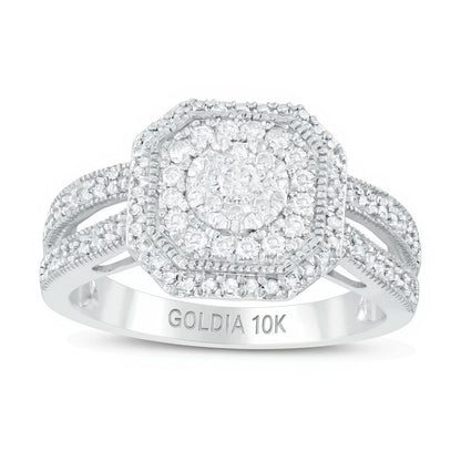 0.5 ct. Gesamtgewicht Komposit-Verlobungsring mit Diamanten, achteckigem Rahmen im Vintage-Stil und geteilter Schiene in 10K Weißgold