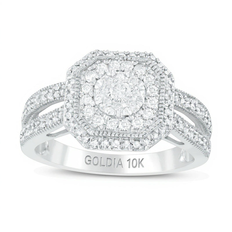 0.5 ct. Gesamtgewicht Komposit-Verlobungsring mit Diamanten, achteckigem Rahmen im Vintage-Stil und geteilter Schiene in 10K Weißgold