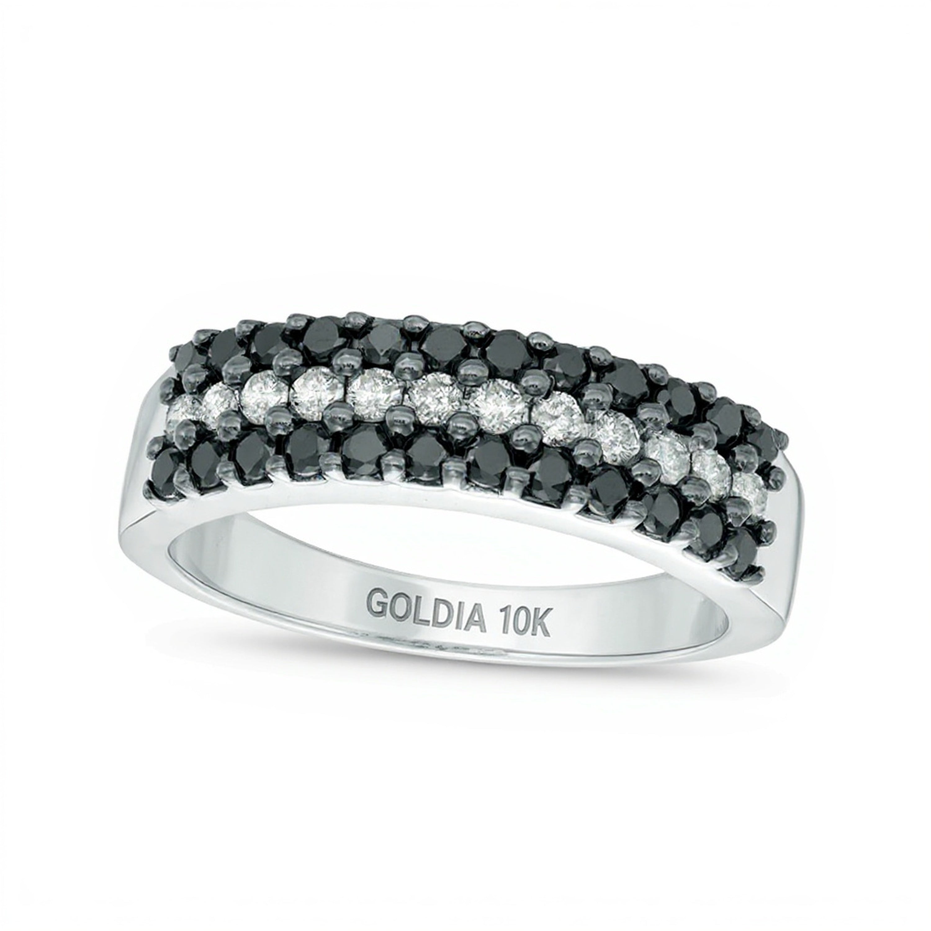 0.75 ct. Gesamtgewicht behandelter schwarzer und weißer Diamant Memoire-Ring dreireihig in 10K Weißgold