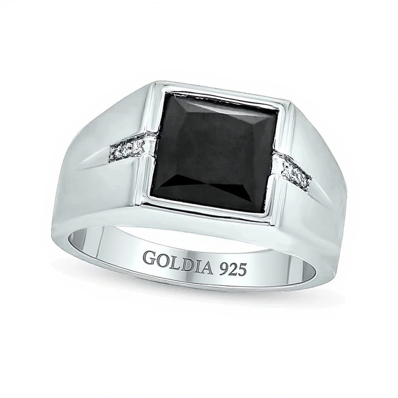 9,0 mm Fashion-Ring mit quadratischem Onyx und Diamant-Besatz in rhodiniertem Sterlingsilber 925