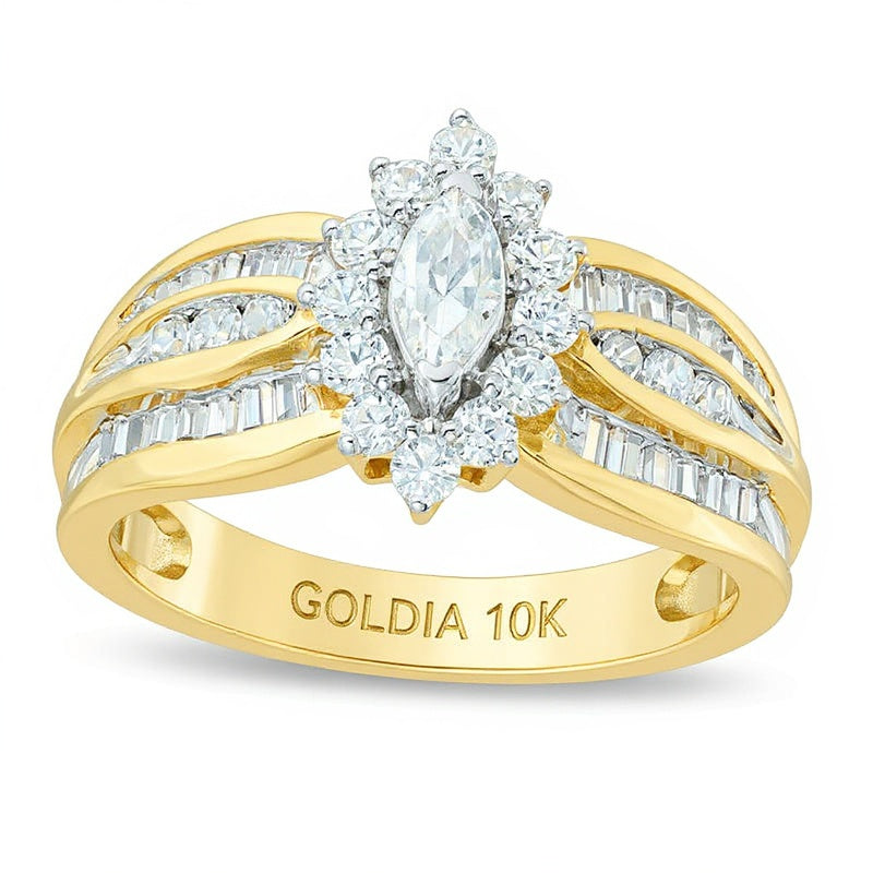 Verlobungsring mit weißen Diamanten im Marquise-Schliff, Halo, 1.0 ct. Gesamtgewicht, 10K Gelbgold