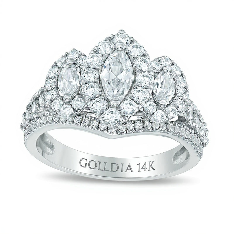 1.5 ct. Gesamtgewicht Dreistein-Ring mit Diamanten in Marquise- und rundem Schliff in 14K Weißgold