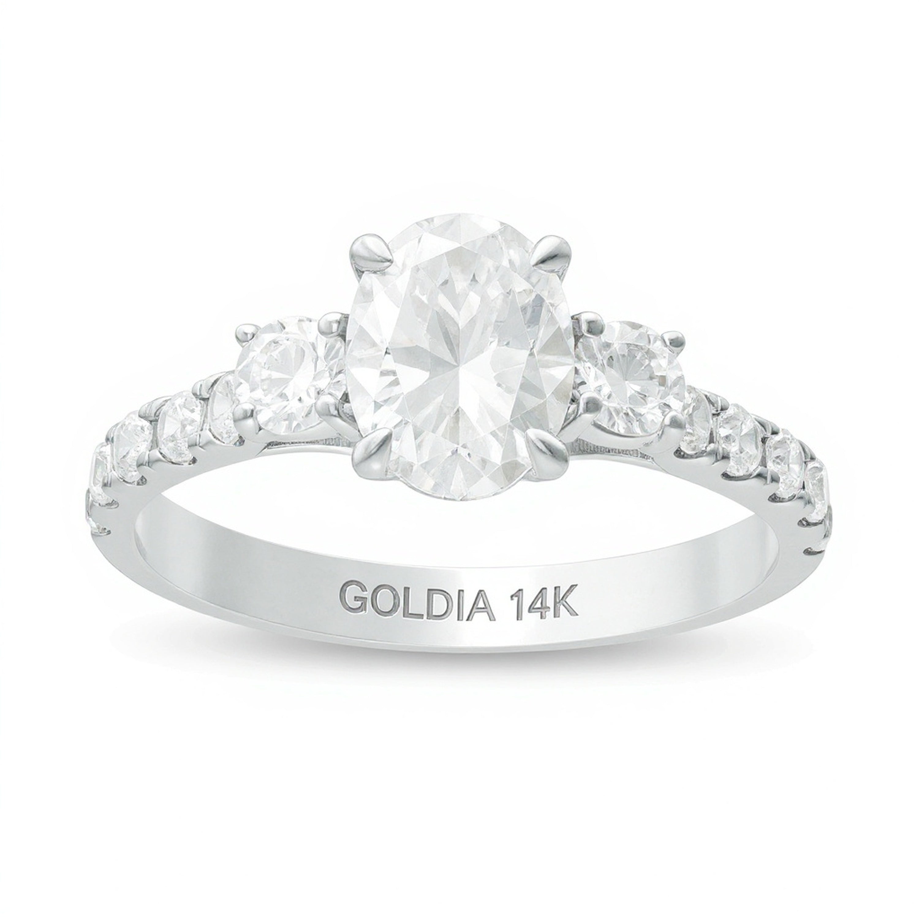 1,75 ct. Gesamtgewicht Dreistein-Verlobungsring mit Diamanten in Oval und rund in 14K Weißgold