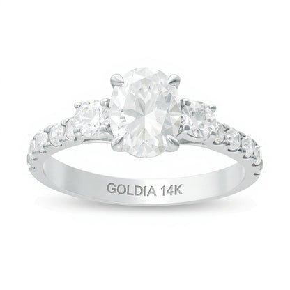 1,75 ct. Gesamtgewicht Dreistein-Verlobungsring mit Diamanten in Oval und rund in 14K Weißgold