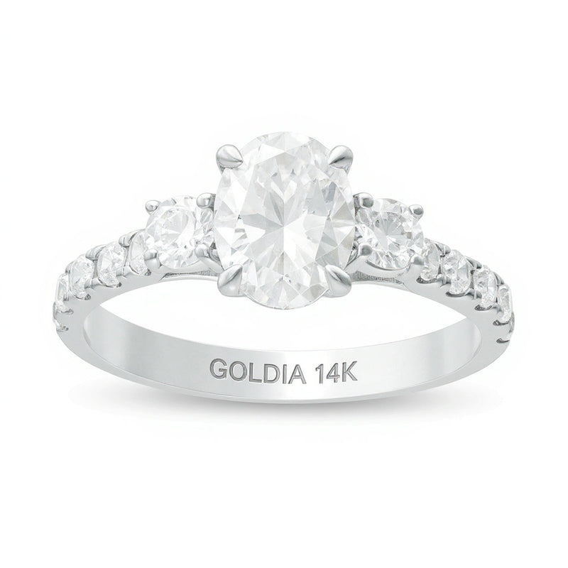 1,75 ct. Gesamtgewicht Dreistein-Verlobungsring mit Diamanten in Oval und rund in 14K Weißgold