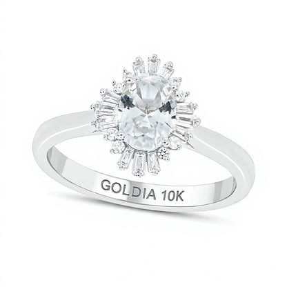 Verlobungsring mit Halo, ovalem weißem Labor-Saphir und 0,17 ct. Gesamtgewicht Diamanten in 10K Weißgold