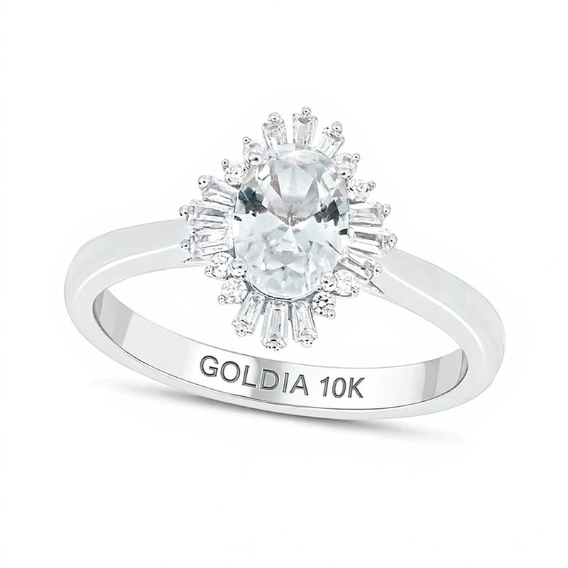 Verlobungsring mit Halo, ovalem weißem Labor-Saphir und 0,17 ct. Gesamtgewicht Diamanten in 10K Weißgold