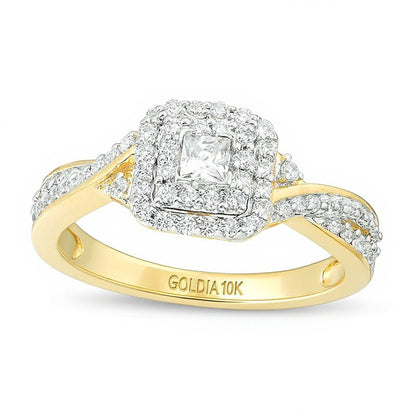0.33 ct. Gesamtgewicht Verlobungsring mit Diamanten im Princess- und Rundschliff, Halo, in 10K Gelbgold