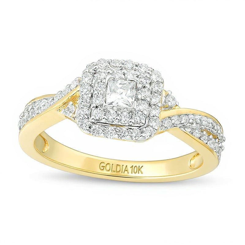 0.33 ct. Gesamtgewicht Verlobungsring mit Diamanten im Princess- und Rundschliff, Halo, in 10K Gelbgold