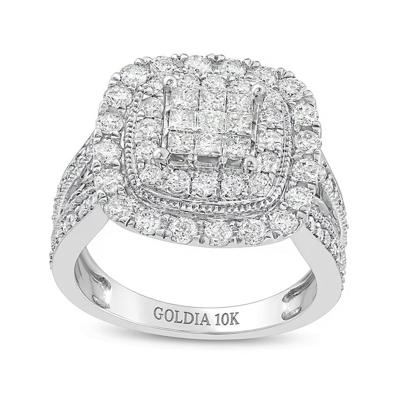 2.0 ct. Gesamtgewicht Verlobungsring mit Diamanten im Princess-, Rund- und Kissenschliff, mehrreihig, doppelter Kissen-Rahmen, in 10K Weißgold