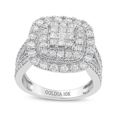 2.0 ct. Gesamtgewicht Verlobungsring mit Diamanten im Princess-, Rund- und Kissenschliff, mehrreihig, doppelter Kissen-Rahmen, in 10K Weißgold
