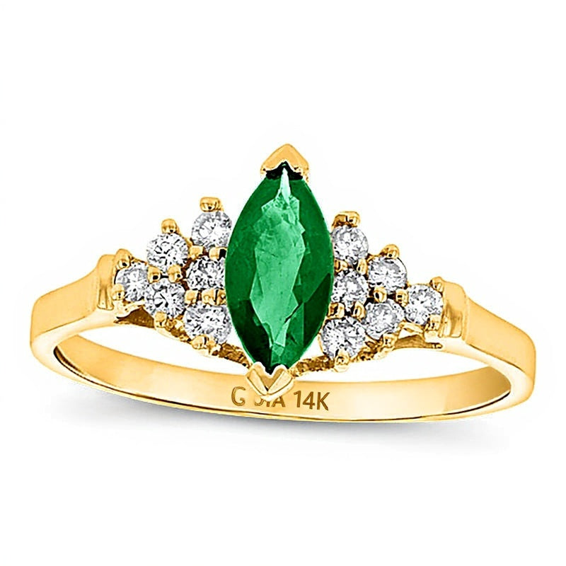 Solitär mit seitlichem Besatz mit Smaragd im Marquise-Schliff und Diamant 0,2 ct. Gesamtgewicht in 14K Gelbgold