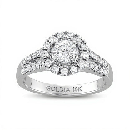 1.0 CT. TW Verlobungsring mit Diamant-Halo, doppelreihig und geteilter Schiene in 14K Weißgold (I/I2)
