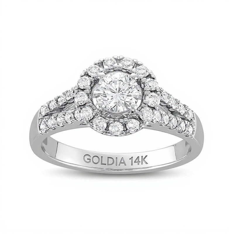 1.0 CT. TW Verlobungsring mit Diamant-Halo, doppelreihig und geteilter Schiene in 14K Weißgold (I/I2)