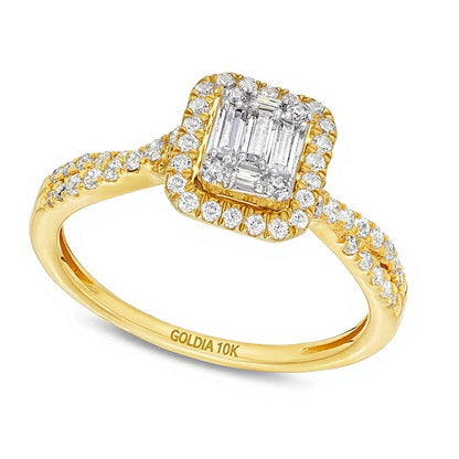 Verlobungsring mit mehreren Diamanten in Baguette-, rund- und Smaragdschliff 0.5 ct. Gesamtgewicht in 10K Gelbgold