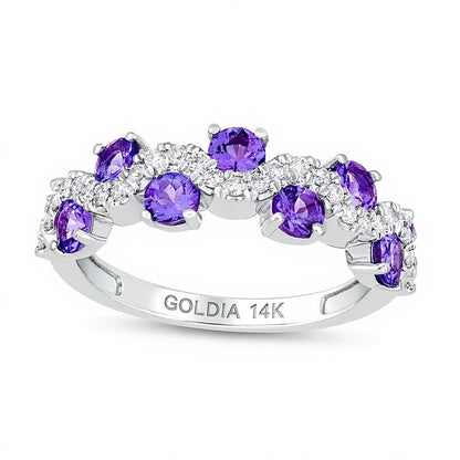 3,0mm Tansanit und 0,17 ct. Gesamtgewicht Diamant Ring mit gestaffeltem Wellendesign in 14K Weißgold