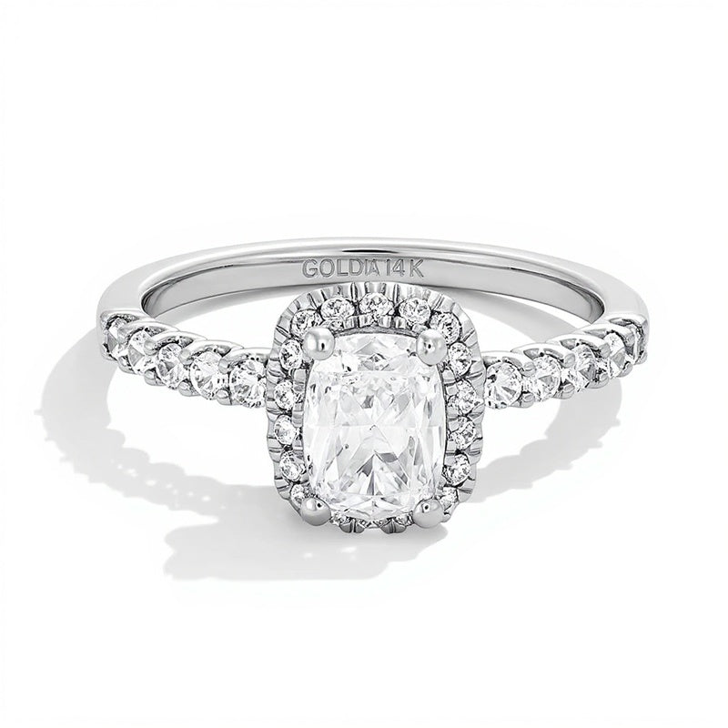 1.5 ct. Gesamtgewicht Halo-Ring mit Labordiamanten im Kissenschliff und rund in 14K Weißgold (F/VS2)
