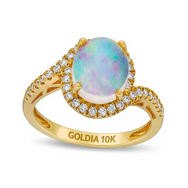 Ovaler Opal und 0,33 ct. Gesamtgewicht Diamant Fashion Bypass Ring in 10K Gelbgold