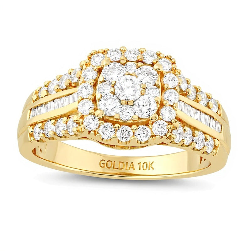 Verlobungsring mit mehreren Diamanten 1.0 ct. Gesamtgewicht, rund, Baguette und Kissenschliff, mehrreihig, in 10K Gelbgold