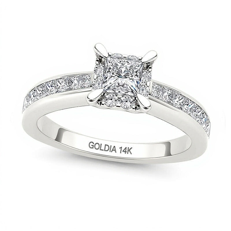 Verlobungsring mit Diamanten im Princess-Schliff 1.0 ct. Gesamtgewicht, Halo, in 14K Weißgold