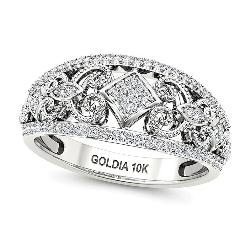 0.2 ct. Gesamtgewicht Komposit-Diamant-Ring im Vintage-Stil mit geneigtem Quadrat und Filigranarbeit in 10K Weißgold