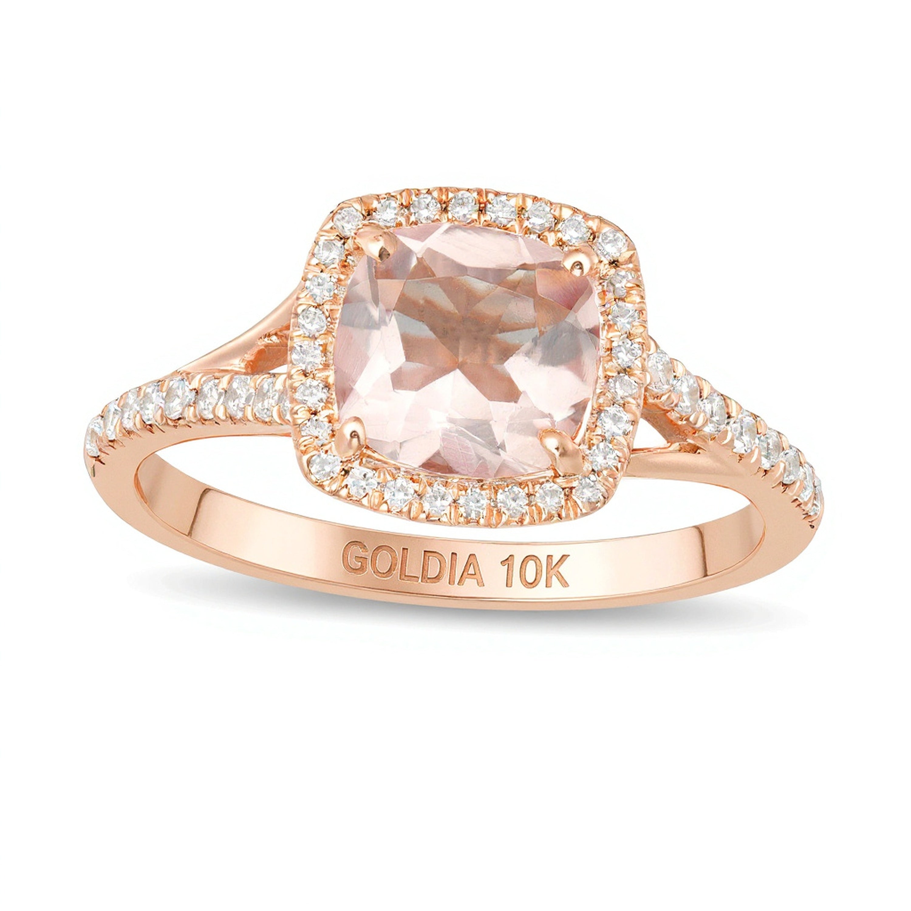 7,0 mm Morganit im Kissenschliff und Diamant 0,25 ct. Gesamtgewicht Halo-Ring mit geteilter Schiene in 10K Roségold