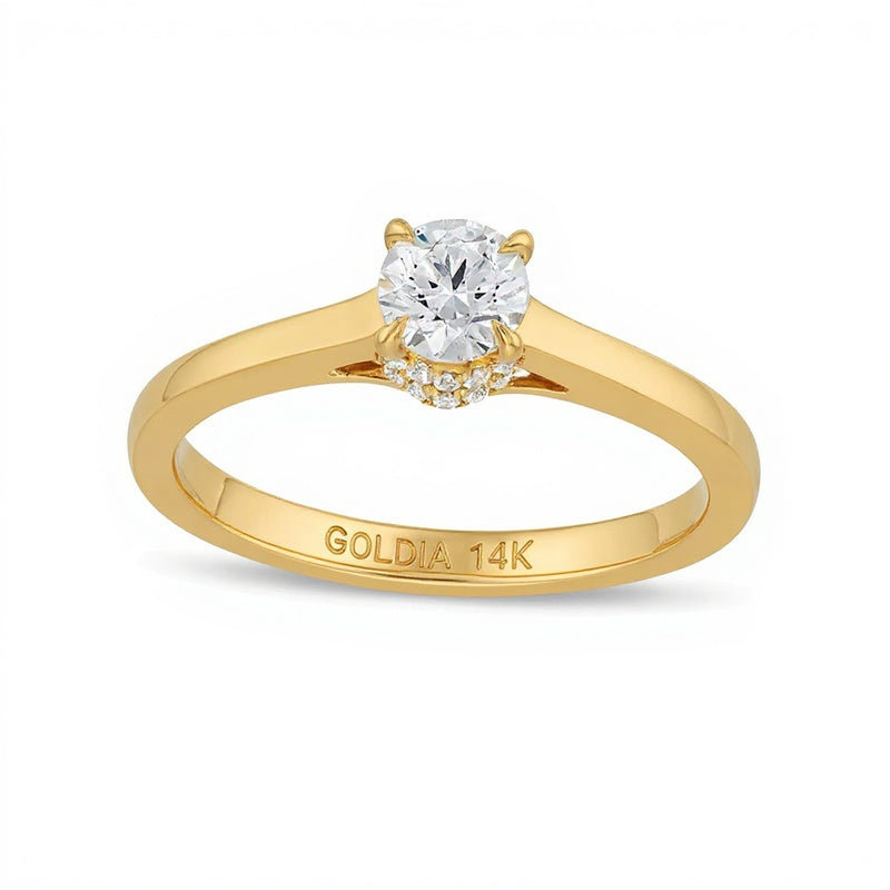 0,5 ct. Gesamtgewicht Diamant Solitär Verlobungsring mit verstecktem Doppel-Halo in 14K Gelbgold