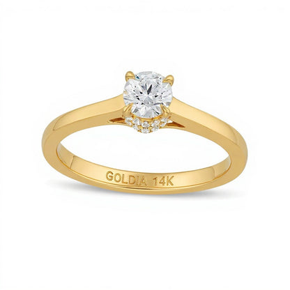 0,5 ct. Gesamtgewicht Diamant Solitär Verlobungsring mit verstecktem Doppel-Halo in 14K Gelbgold