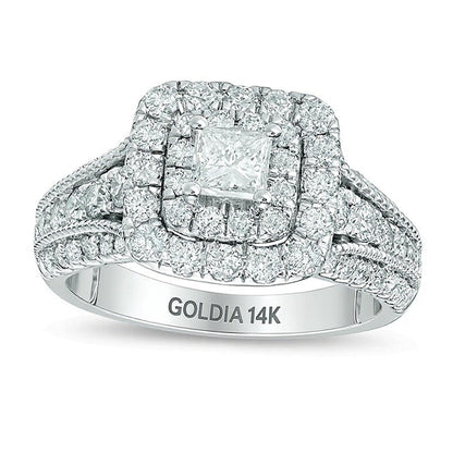 1.5 ct. Gesamtgewicht Verlobungsring im Vintage-Stil mit Diamanten im Princess- und Rundschliff und doppeltem Halo in 14K Weißgold