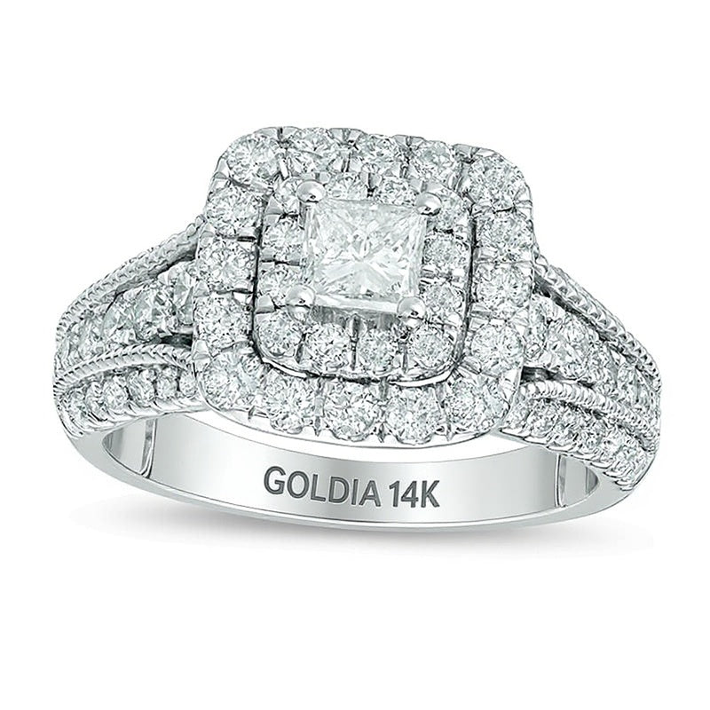 1.5 ct. Gesamtgewicht Verlobungsring im Vintage-Stil mit Diamanten im Princess- und Rundschliff und doppeltem Halo in 14K Weißgold