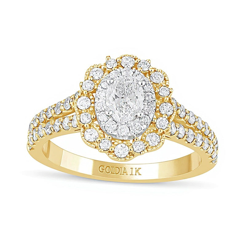 1.0 CT. Gesamtgewicht Verlobungsring im Vintage-Stil mit ovalem Diamant und doppeltem Halo aus 14K Gelbgold