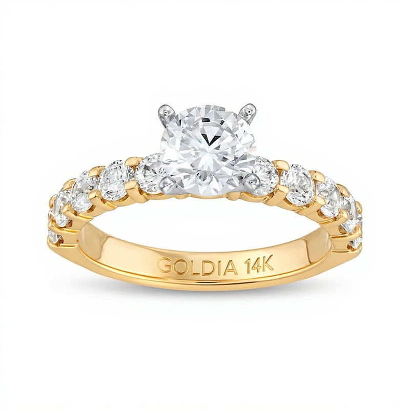Solitär-Verlobungsring mit seitlichem Besatz mit 2.0 ct. Gesamtgewicht weißen runden Diamanten in 14K Gelbgold (I/I2)