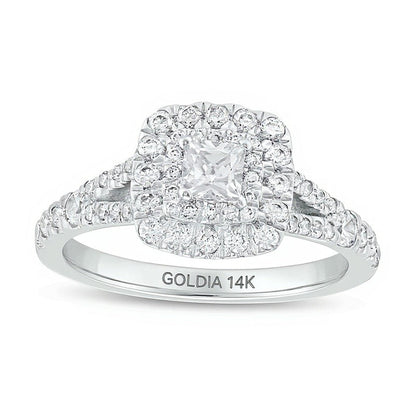 Halo-Verlobungsring mit Diamanten im Princess-, Rund- und Kissenschliff 1.0 ct. Gesamtgewicht in 14K Weißgold