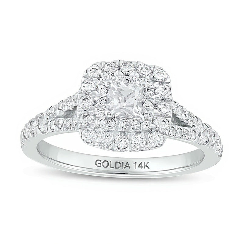 Halo-Verlobungsring mit Diamanten im Princess-, Rund- und Kissenschliff 1.0 ct. Gesamtgewicht in 14K Weißgold