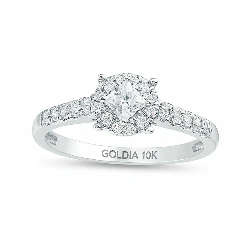 0.5 ct. Gesamtgewicht Verlobungsring mit Diamanten im Princess- und Rundschliff, Halo, in 10K Weißgold