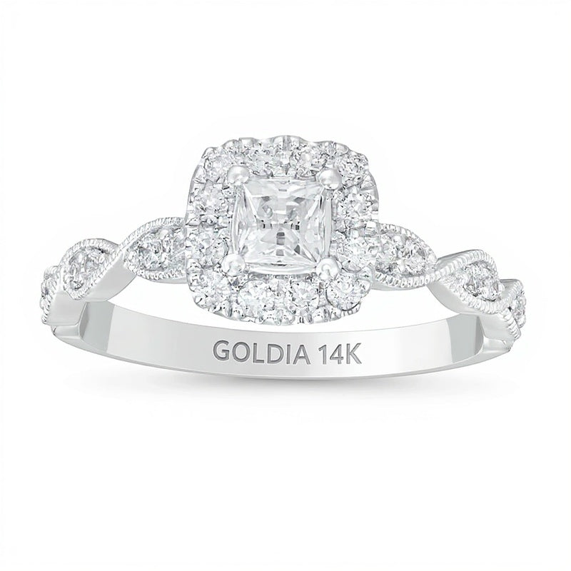 Verlobungsring im Vintage-Stil 0,63 ct. Gesamtgewicht mit Diamanten im Princess-, rund- und Kissenschliff in 14K Weißgold (I/I2)