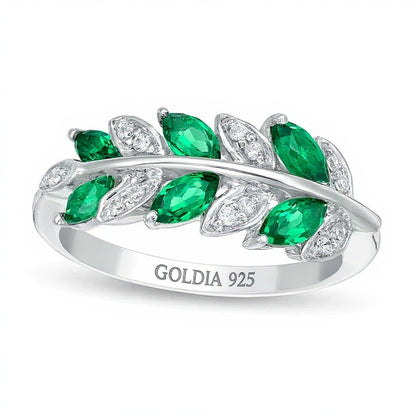 Fashion-Ring Blätter mit Marquise-Labor-Smaragd und 0,07 ct. Gesamtgewicht Diamanten in rhodiniertem Sterlingsilber