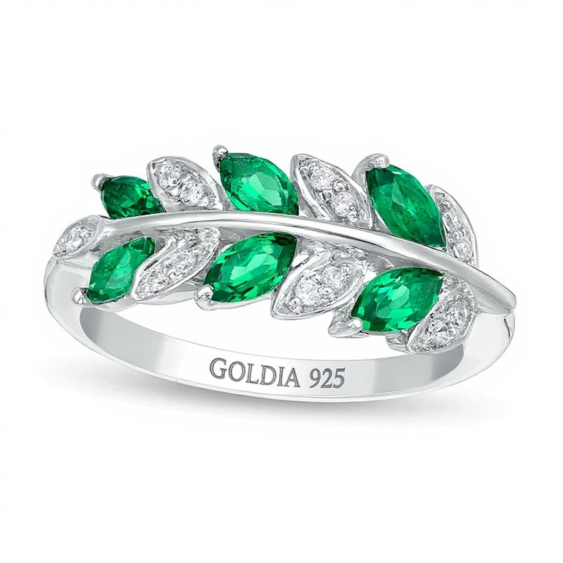 Fashion-Ring Blätter mit Marquise-Labor-Smaragd und 0,07 ct. Gesamtgewicht Diamanten in rhodiniertem Sterlingsilber