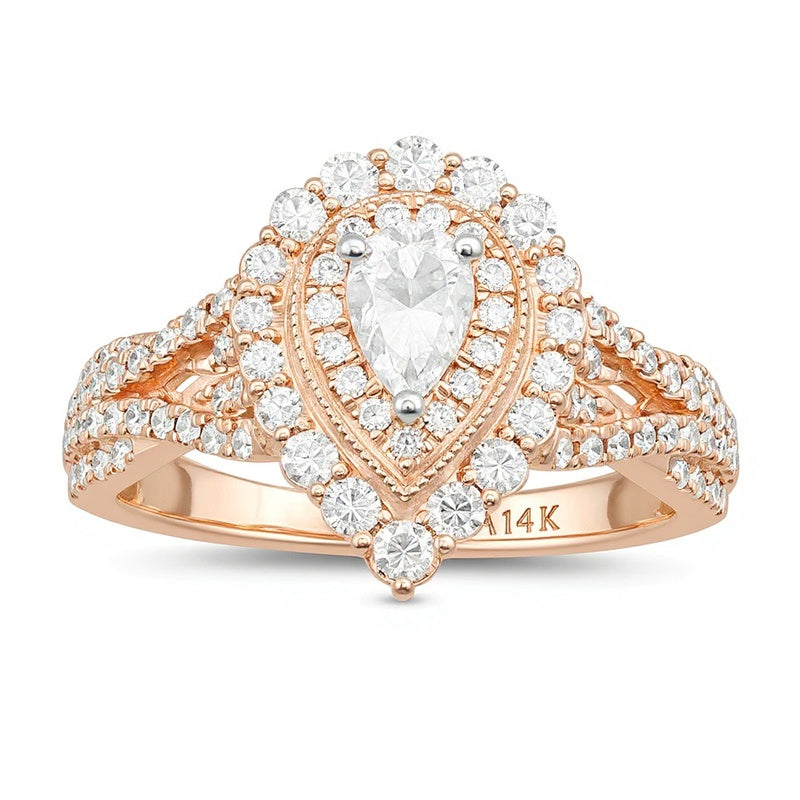 1.0 ct. Gesamtgewicht Verlobungsring mit tropfenförmigem Diamant im Vintage-Stil, Halo mit doppeltem Rahmen und geteilter Schiene, in 14K Roségold