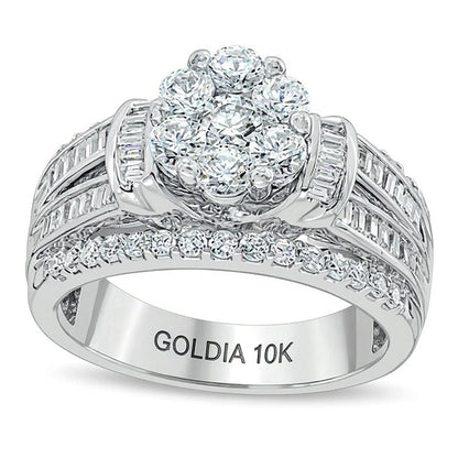 Verlobungsring mit Diamanten 1.25 ct. Gesamtgewicht, rund und Baguette, mehrreihig, in 10K Weißgold
