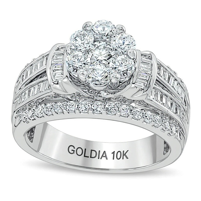 Verlobungsring mit Diamanten 1.25 ct. Gesamtgewicht, rund und Baguette, mehrreihig, in 10K Weißgold