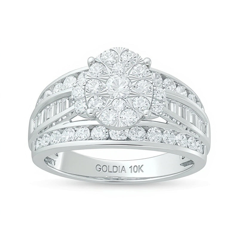 Verlobungsring 1.5 ct. Gesamtgewicht mit Komposit-Diamanten in oval und Baguette, mehrreihig, in 10K Weißgold