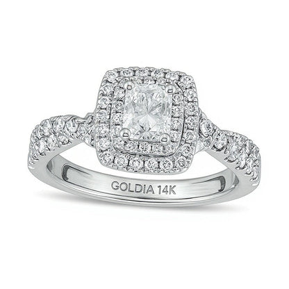 1.25 CT. Gesamtgewicht Verlobungsring im Vintage-Stil mit Diamanten im Radiant-Schliff und Halo aus 14K Weißgold (I/SI2)